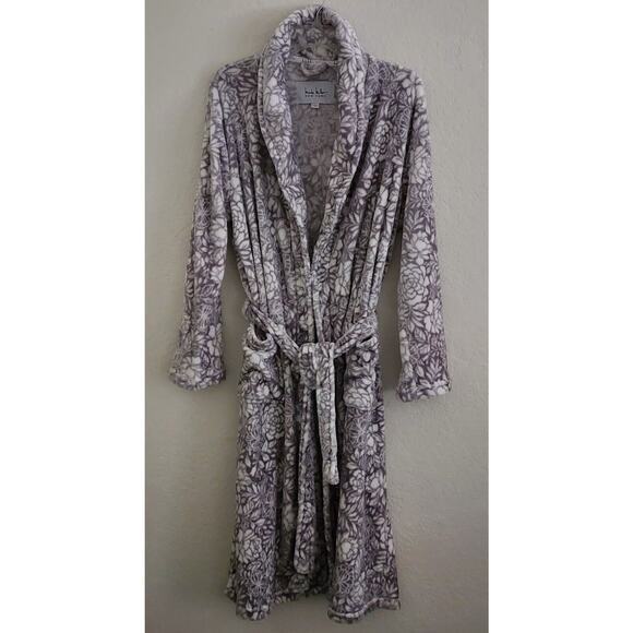 ROBE-NICOLE MILLER-Gray White-Tie Closure-Soft-Plush-Knee Length-Size LRG - Picture 1 of 14